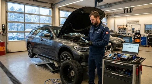 Professioneller Auto-Wintercheck in einer Wiener Werkstatt mit Frostschutzprüfung und Winterreifen